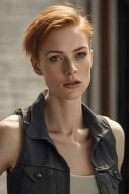 photo, rule of thirds, deborah ann woll dramatic lighting, short hair, detailed face, detailed nose, woman wearing tank top, smirk, realism, realistic, raw, analog, woman, portrait, photorealistic, analog, realism