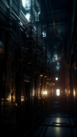 Si-Fi, The permanent under atmospheric lighting effects, intricate industrial details, moody atmosphere, eerie grimdark ambiance, complex motherboard accents, speculative fiction art. Bokeh
