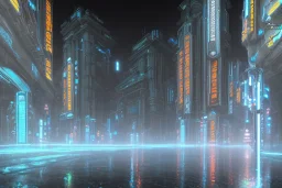 atmospheric, night, city, dark, rain, high level of detail, high definition, blue neon, futuristic, blender 3d