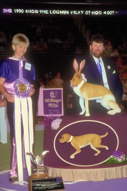 1990 dog show the winner is a "half human rabbit combined animal::40", realistic (film Color Mission 200::10) photo from old disposable camera , grainy photo