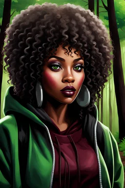 HYPER REALISTIC Graffiti, closeup portrait, WHIMSICAL DIGITAL ILLUSTRATION, HD, HIGH CONTRAST CHIBI STYLE STUNNING AFRICAN AMERICAN WOMAN WITH BEAUTIFUL large, green-colored EYES, fierce makeup, black shoulder length curly hair, LONG LASHES AND LIP GLOSS WEARING An OVERSIZED burgundy and gray sweatsuit, WALKING FORWARD along a wooded path BACKGROUND, REALISTIC TEXTURE, CREATIVE, CINEMATIC, PHOTOGRAPHY SEAMLESS.