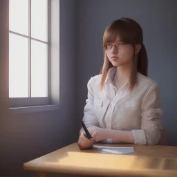 female student studying by the window, anime style, full body, cool face, unreal engine 5, cinema4d, sun light, studio lighting --ar 1:1 --v 4