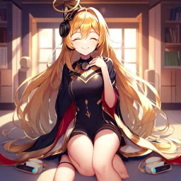 girl, masterpiece, best quality, volumetric lighting, detailed outfit, perfect eyes, golden hair, long hair, closed eyes, headphones on head, listening to music, smile, sitting, indoors, god rays, legs up to chest,