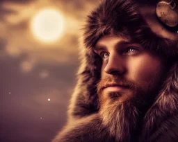 a sad and lonely viking looking up at the stars at night, hyper realistic, 8k, insane detail, atmospheric background, crying eyes, big fur coat, long braided hair, sharp focus, soft background, dynamic lighting, viking helmet, night time