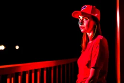 woman with a red baseball hat. leaning on a wooden balcony.night time. studio lightining.