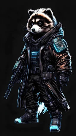 Tanuki cyberpunk, аrte lineal, fondo negro, cuerpo completo full body