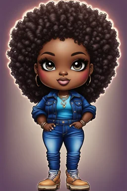 vibrant psychedelic pop punk image, airbrush, 48k, cartoon art image of a plus size chibi dark skinned Black female wearing a sapphire blue jean outfit with timberland boots. Prominent make up with brown eyes and lush lashes. Highly detailed tight curly ombre afro