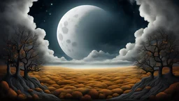 Andy Kehoe, room with a view, white clouds, moon, swirling shapes. Fantasy Realism, mesmerizing, HDR, highly detailed photorealistic 3d digital art, hyper detailed, trending on artstation, sf, intricate artwork masterpiece, ominous, matte painting movie poster