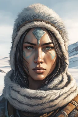 create a sketchy hand drawn young, otherworldly lost Siberian nomadic female huntress concept art character, with highly detailed, sharply lined and deeply weathered facial features in a desolate tundra steppe landscape , in natural winter tundra colors, 4k