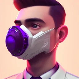 man, cute face, white highlight hair, brown eye, white, skin, purple suits, futuristic, science, purple, blue, dark pink background lighting, technology, profile, asian boy, square face, light orange, pug nose