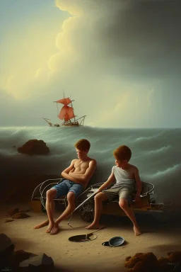 painting of boy next to man sleeping on beach, old clothes, dark storm clouds overhead, gloomy, bleak, shopping trolley, ship at sea, little fires