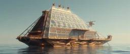 benign transparent superwood alien mega scifi pyramid katamaran ark boat with superwood draw bridge and wing doors