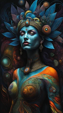 full body painting of a woman experiencing deeply surreal, ethereal, and hallucinatory visions during an ayahuasca journey into the realms of transformative and expanded consciousness, highly detailed in the surrealist style of Max Ernst and Bill Carman, sharply defined and detailed, 4k in dark moody natural colors