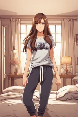 attractive anime woman with brunette long tied hair, t-shirt and sweatpants, full body in frame, bedroom setting