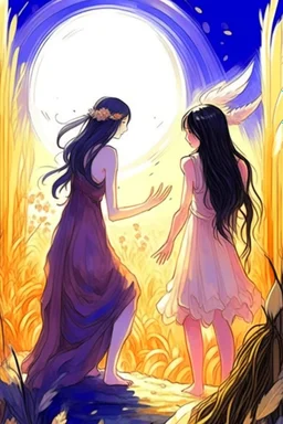 İki yakın arkadaş biri pembe ve diğeri mor elbise giyiyor sırt sırtalar ve önlerinde küçüklükleri var arkaplan olarak ay ve güneş karışımı bir gezegen