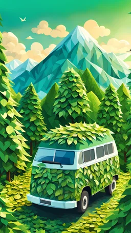 green small fatty electric camper van made of leaves over beautiful landscape blue sky sunrise isometric , felt art