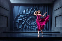 modern stage with gray-blue theme artistic decoration , color full dynamic lighting, a beautiful lady in modern maxy dark purple red dress with shining silver jwells dancing, 3D recursive fractal structure animating background