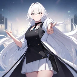 masterpiece, best quality, female, long white fluffy hair, hair between eyes, pointing, wearing a white shirt with a black collar, wearing a black vest, wearing a white skirts, {{{half body}}}, very dark black eyes