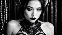 detailed portrait of pretty female, latex lingerii, feminine, gothic portrait, absolute reality, black white, pale chest, noir, beautiful features, pretty face, pretty pose, vivid colors, visible chest, Aya Takano, Royo, Giger, dreaming vibe, tornadic, mysterious, Shot on a Hasselblad medium format camera with a 100mm lens. Unmistakable to a photograph. Cinematic lighting. Photographed by Tim Walker, –ar 4:5 –s 750 –niji 5 –v 5 –q2 -Shader’s --Post Processing --Post-Production --Cell Shading --T