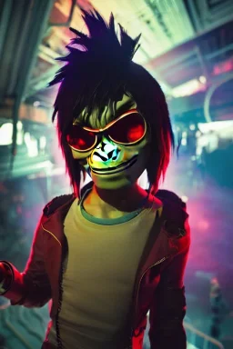 Mystery gorillaz cyborg noodle, Ambiance dramatique, dramatic lighting, volumetric lighting, concert background, hyperrealisme, 8k, high quality, lot of details, fit within portrait