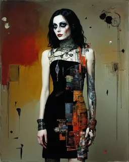 Abstract art, hand assembled, full body female goth rocker portrait from found objects collage, random textile textures, mixed media, Wassily Kandinsky, Jerry Uelsmann, Paul Klee, double color exposure, surreal, otherworldly, dark noir, atmospheric, decayed, sorrowful, forlorn
