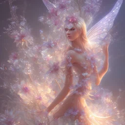 one big crystal subtle flower in a galactic ambiance with a beautiful fairy, transparent petals, delicate colors, in the foreground, full of details, smooth，soft light atmosphere, concept art, smooth, extremely sharp detail,