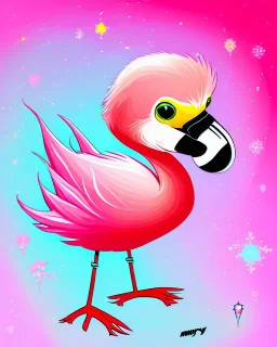 flamingo on ice skating, chibi art style