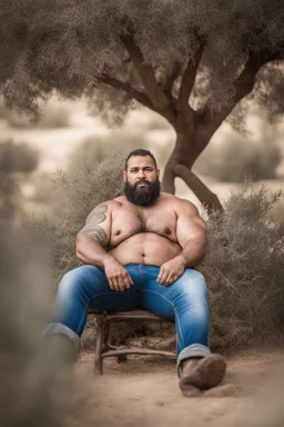 close up photography of a marocan ugly dirty burly muscular chubby farmer 36 years old, bullneck, strong arms, big belly, manly chest, very sweat, shirtless, short beard, tattoo, curly hair , short bulging pants, open legs sitting on a chair under an olive tree , big tights, barefoot, ambient occlusion, hyper detailed photography, photorealistic, 35mm lens, side light, frontal view from below, natural colors