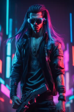 male cyberpunk solo with long hair, korean, Wearing Urban Gang Flash and mirrored dark sunglasses, and gun, headaphone, strong cyber warrior, black tatoo, attrakvtive man, Retroanime, rembradt lighting, neon complementary colors, dark vibe, scifi