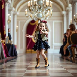 a 2 years old girl in modern clothing and makeup dancing with cute and joy with pertty boots in a modern royal hall