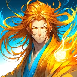 Ryuujiro appears ethereal, his form almost translucent, as if existing between realms. He possesses long, flowing hair the color of golden-brown, reminiscent of molten sunlight, with strands shimmering in an otherworldly glow. His eyes, a piercing icy-blue, exude a hint of mischief and mystery, flickering like dancing flames. Adding sophistication to his angular face is a neatly trimmed goatee. He wears robes adorned in bright and vibrant colors, enhancing his playful demeanor.