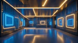 Minimalist cubic interior space with steel walls, ceilings and floors illuminated with neon lights in blue and gold tones where characters of different kinds pass through.