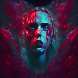 iridescent, Singer Danish MØ face, blood, futuristic, guts, wildflower, cosmic, intricate, darkred tones,sidhe, ominous, nature, plants,