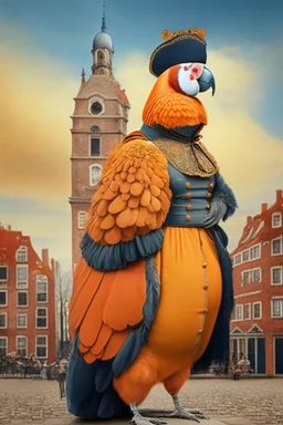 Pregnant Half parrot half human in a old 1700s orange Dutch uniform in front of a Dutch city