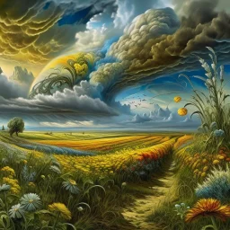 A collaboration between Salvador Dali, Vincent Van Gogh, and Jean Baptiste Monge. Swirling rainbow storm clouds over a vast field of long grass and plentiful flowers swaying in the winds. Modifiers: highly detailed elegant extremely detailed fantasy intricate high detail fantastic view close up ultra detailed
