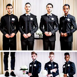 3 black waiters with different uniforms in luxury wedding hall