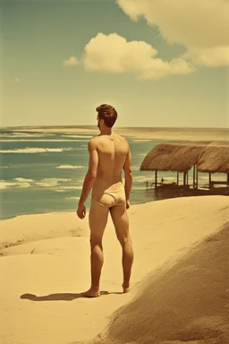 [vintage swimsuit man] Who was I? Where was I?… The landscape was totally unknown to me, even my body was unfamiliar. What forces brought me here? I searched my mind for memories… There was something there, but it was too clouded… A name… I scanned the horizon. A distant structure rose out of the mists. As evening approached I came upon an enigmatic oasis with a fountain.