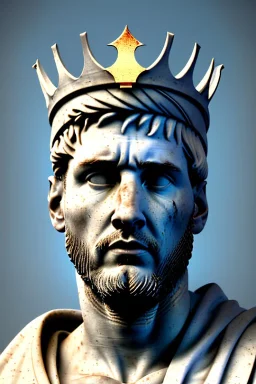 Ultra Realistic image, Roman sculpture, white luxury marble material, Lionel Messi, gold crown of natural thorns, god crown, Renaissance style, sun rays background, waist up portrait, epic, celestial, cinematic lighting, God lights, 4k resolution, smooth details, soft lighting, unreal engine 5, art station, substance 3d.