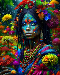 Vibrant autumn foliage in a rain-kissed setting, Ikebana arrangement, Haiku poetry inspiration, Japanese garden elements, autumn asters, Utagawa Hiroshige essence, Isaac Levitan influence, woman with dark skin, tribal markings, mysterious expression, piercing eyes, flowing black hair, colorful beads, layered textiles, bright hues, ornate jewelry, cultural richness, dark, blurred backdrop, GoBi, Наталья И-ва.Mystical character with pale blue scaly skin, icy green eyes, dark eyeliner, cascading da