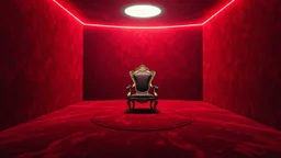 Create an image in the style of a surreal, futuristic painting. Envision a room with walls, floor, and ceiling entirely covered in a deep, rich red velvet fabric. The texture should appear luxurious and tactile, inviting the viewer to touch. In the center of the room, a solitary, ornate chair with gilded accents sits atop a circular, crimson rug. The chair's design should evoke a mix of Victorian-era opulence and futuristic, high-tech elements. Above the chair, a faint, pulsing glow emanates fr