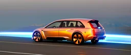 award winning car and driver photograph of a futuristic station wagon designed by only one vehicle per image painted metallic orange traveling at a high rate of speed, jet intake off of front center of vehicle and jet exhaust out the rear with bright blue flame, bilaterally symetrical, more a high speed road vehicle