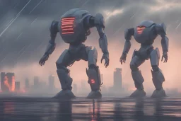 realistic photo of a futuristic robot controlling the weather, neon, cyberpunk