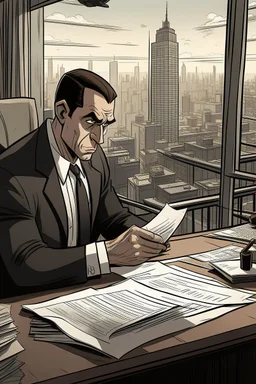 Comi We can see Marwan sitting in his office, trying to prove himself in front of his co-workers. Marwan wears a tuxedo and holds a large piece of paper in his hand. Marwan seems nervous, trying hard to convince his colleagues that he can accomplish the task he has been tasked with. In the background, we can see a big city in the Middle East, which reflects the activity and vitality of the region.