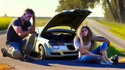 man and crying lady sit inside broken down jetta on side of the road