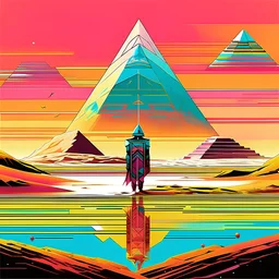 Standing by the Nile, make it to the islands in the sun, by Gerald Scarfe, by Petros Afshar, by Norman Bel Geddes, double exposure acrylics and pen illustration, heavy dreamy colors, Pink Floyd aesthetics, smooth psychedelic sci-fi geometric abstractions, modern art album cover, asymmetric, complex contrast