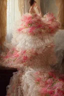 A beautiful romantic ruffled dress, decorated with beautiful embroidered flowers and lace, hanging on a hanger in a bedroom by the fireplace, in the light of the fireplace, Hyper realistic, oil on canvas award winning fantastic view ultra detailed acrylic art Ultra realistic Impressionism Surrealism simen johan, sharp focus intricate oil on canvas cinematic lighting photorealistic high detail ultra detailed crisp quality colourful