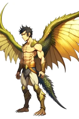 Anime man side character with dark , hybrid with dinosaur and wings,small muscles, aged 30, wearing a dinosaur with wings superhero suit ,anime