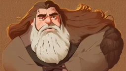 fantasy style illustration: a huge giant man like Hagrid from Harry Potter. On this man was a huge mantle made of thick linen, and he girded himself with a belt of five fathoms, and his beard is like a stack of cornsilk.