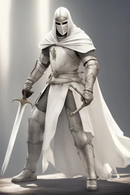Knight wearing white armor and white cape with white face mask, holding a greatsword