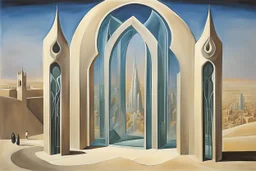 a surreal gothic_arab glass gate with a view of an old English city by artist "Zaha Hadid",by artist "Leonora Carrington"